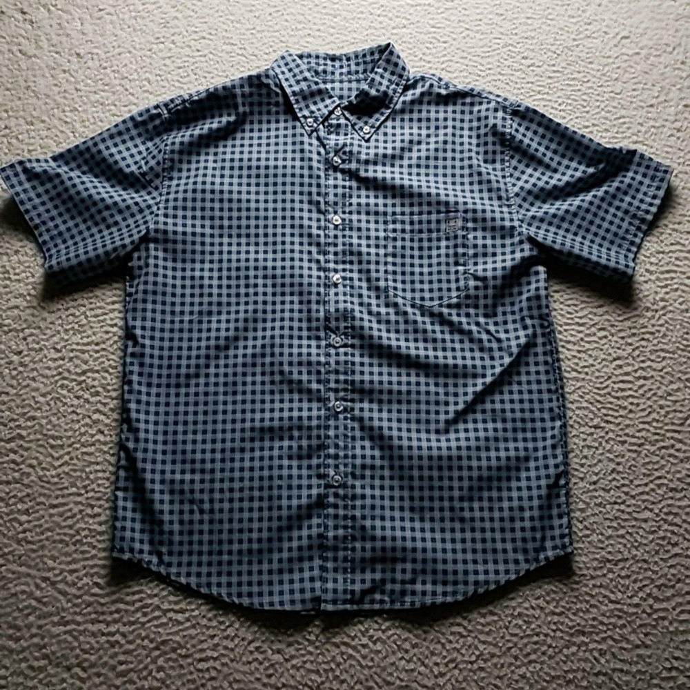 Huk Shirt Mens Medium Blue Check Short Sleeve Fishing Pockets Button-Up Casual